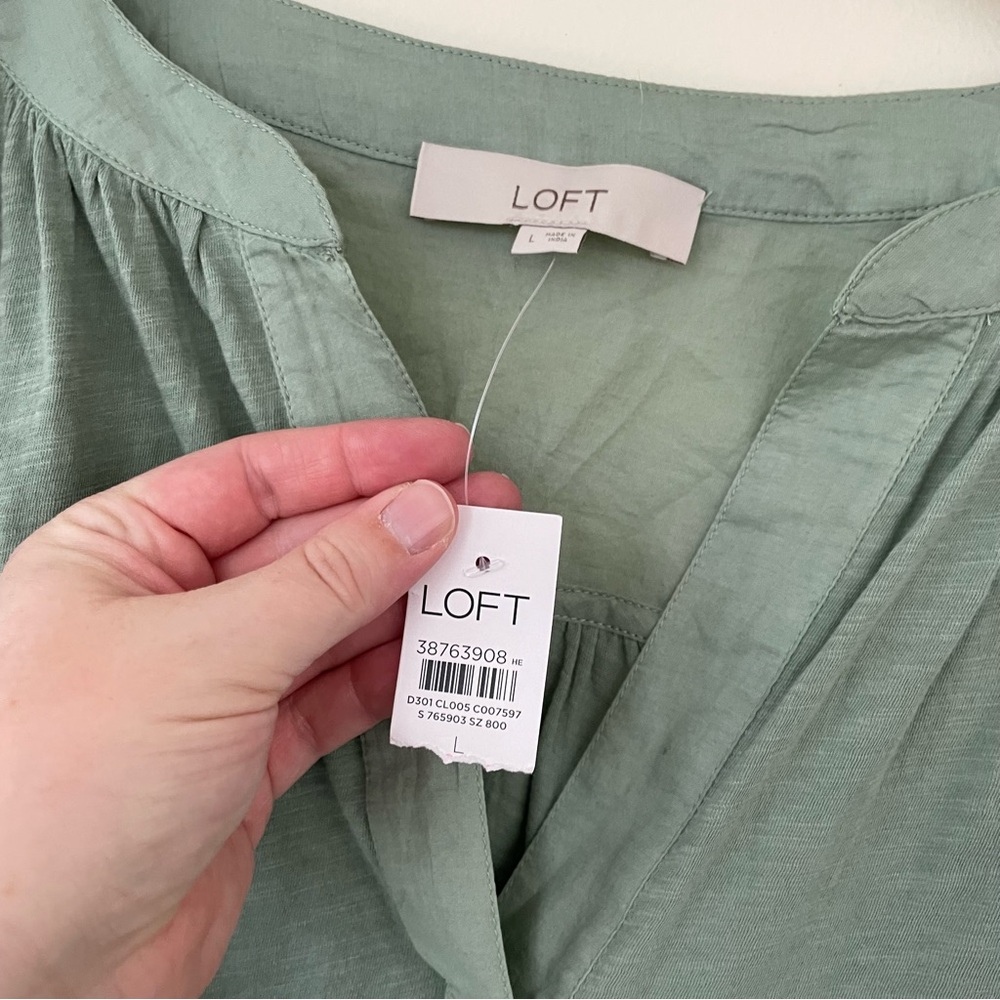 NWT LOFT Split Neck Mixed Media Top L Large in Bay Green 100% Cotton - Picture 9 of 10